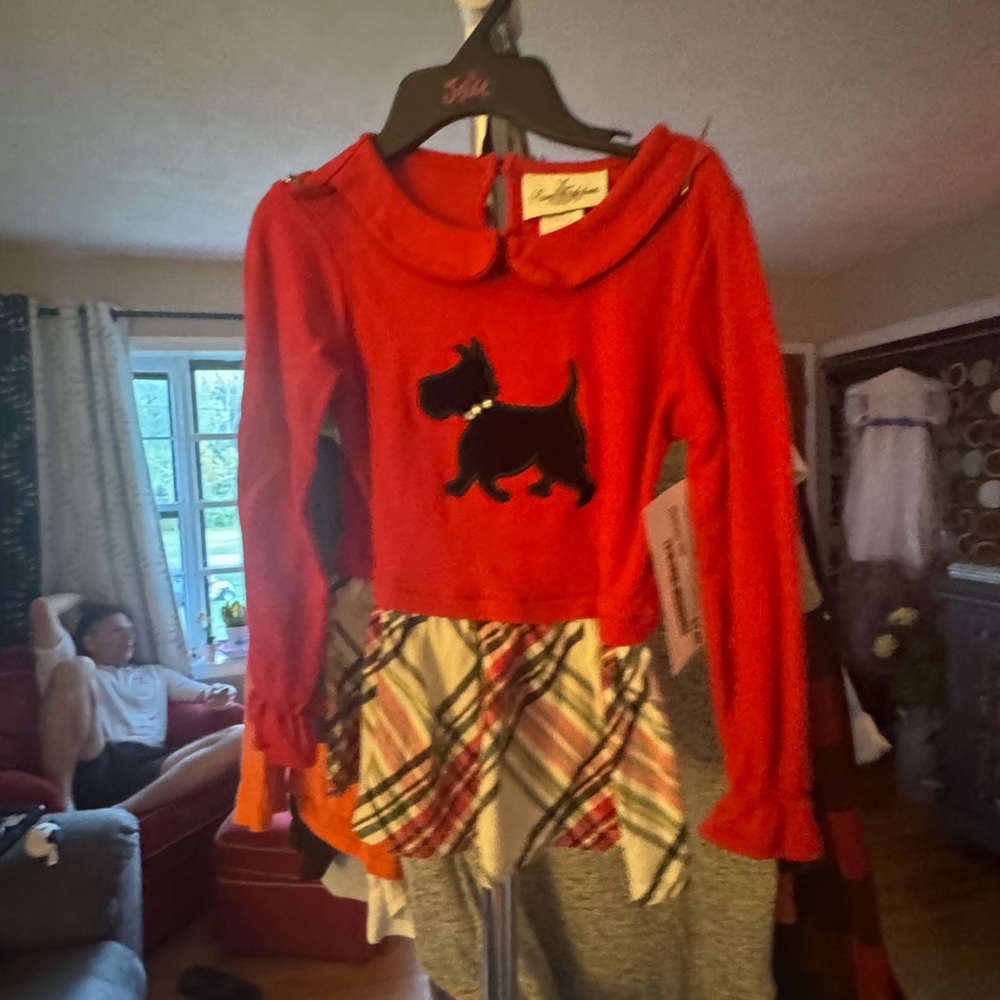 Rare Editions Red Long Sleeve Top with Dog and Plaid Design